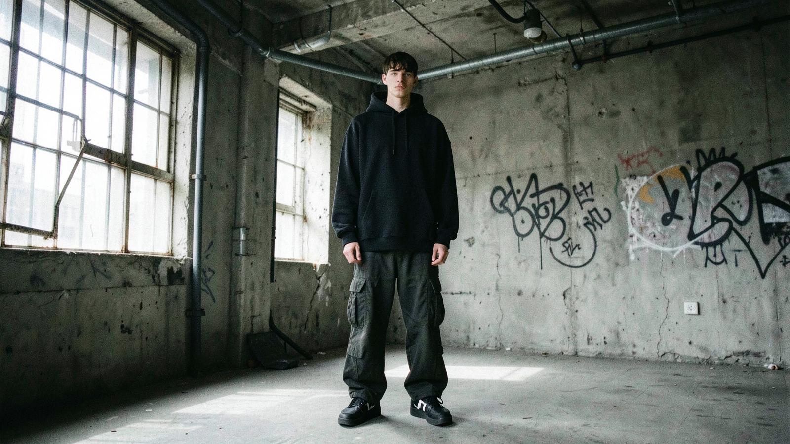 Model in oversized black hoodie in a raw concrete industrial space